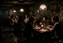 Cena noturna de um jogo de mistério e horror, com um corredor escuro, luzes frias, pistas espalhadas e atmosfera de tensão cinematográfica