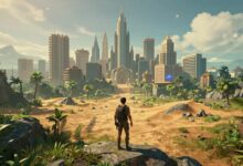 Montagem épica com aventureiro explorando um vasto mundo aberto de fantasia, cidade moderna, deserto, floresta e espaço sideral