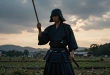 Guerreiro samurai em posição de combate diante de um cenário japonês ao entardecer
