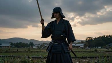 Guerreiro samurai em posição de combate diante de um cenário japonês ao entardecer