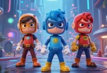 Capa sobre jogos de super-heróis com heróis mascarados enfrentando vilões em uma cidade futurista iluminada