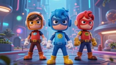 Capa sobre jogos de super-heróis com heróis mascarados enfrentando vilões em uma cidade futurista iluminada
