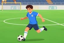 Jogador estilizado de futebol avançando em um campo colorido, cercado por defensores e diante de um gol, em visual inspirado em game mobile