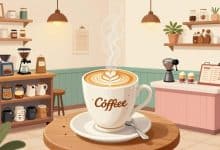 Ilustração acolhedora de uma cafeteria mobile estilizada, com uma xícara de café decorada com latte art no balcão, equipamentos de preparo e clientes simpáticos ao fundo.