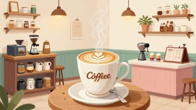 Ilustração acolhedora de uma cafeteria mobile estilizada, com uma xícara de café decorada com latte art no balcão, equipamentos de preparo e clientes simpáticos ao fundo.