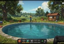 Cena de pesca em um jogo com lago detalhado, equipamentos variados e interface de progressão para gamers