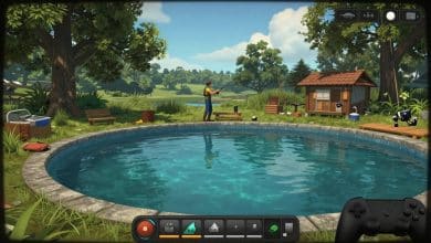 Cena de pesca em um jogo com lago detalhado, equipamentos variados e interface de progressão para gamers