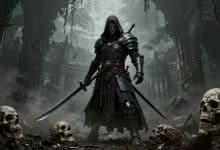 Guerreiro sombrio usando uma carcaça ancestral diante de ruínas góticas em um cenário de fantasia sombria inspirado em Mortal Shell II