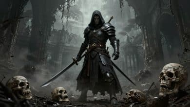 Guerreiro sombrio usando uma carcaça ancestral diante de ruínas góticas em um cenário de fantasia sombria inspirado em Mortal Shell II