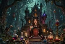 Montagem sombria e detalhada com uma jovem bruxa diante de um castelo mágico, grimórios, poções brilhantes e criaturas fantásticas em uma floresta noturna