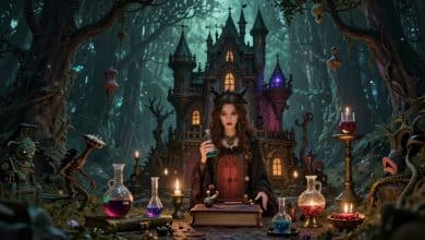 Montagem sombria e detalhada com uma jovem bruxa diante de um castelo mágico, grimórios, poções brilhantes e criaturas fantásticas em uma floresta noturna