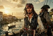 Navio pirata de Assassin's Creed Black Flag navegando pelo Caribe ao pôr do sol, com cidade portuária e atmosfera de aventura histórica