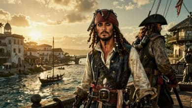Navio pirata de Assassin's Creed Black Flag navegando pelo Caribe ao pôr do sol, com cidade portuária e atmosfera de aventura histórica