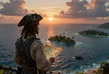 Navio pirata navegando por um oceano turbulento ao pôr do sol, com ilhas tropicais, mapa do tesouro e atmosfera épica de videogame