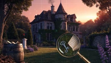 Mansão antiga cercada por jardins ao entardecer, com uma lupa destacando objetos escondidos e uma atmosfera de mistério e aventura mobile.