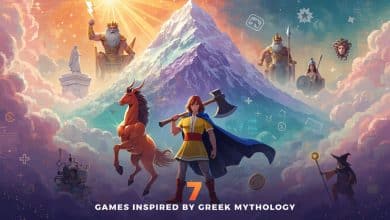 Arte de capa inspirada na mitologia grega para um artigo sobre sete jogos, com um herói diante do Monte Olimpo, deuses, criaturas lendárias e elementos de videogame.