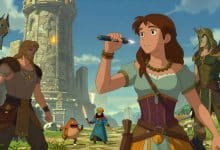 Herói diante de divindades e criaturas mitológicas em um cenário épico, com ruínas antigas, relâmpagos e atmosfera de videogame de fantasia