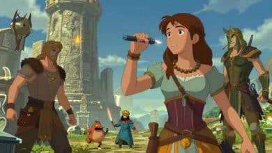 Herói diante de divindades e criaturas mitológicas em um cenário épico, com ruínas antigas, relâmpagos e atmosfera de videogame de fantasia