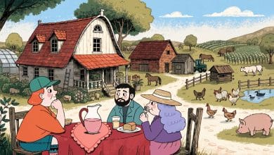 Cena acolhedora de Goodville com uma fazenda colorida, plantações, animais e personagens conversando sob uma atmosfera tranquila.