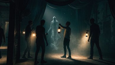 Cena de terror sobrenatural com uma equipe de jogadores investigando uma mansão assombrada, lanternas iluminando uma aparição fantasmagórica entre sombras.