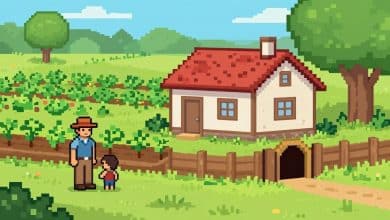 Arte de capa em pixel art mostrando uma fazenda acolhedora de Harvest Town, com plantações, uma casa rural, moradores e uma entrada de caverna ao fundo.