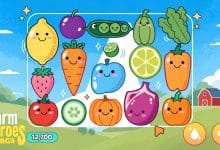 Tabuleiro colorido de Farm Heroes Saga com frutas e vegetais sorridentes em uma fazenda ensolarada, ilustrando o jogo mobile de combinar peças.