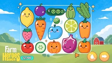 Tabuleiro colorido de Farm Heroes Saga com frutas e vegetais sorridentes em uma fazenda ensolarada, ilustrando o jogo mobile de combinar peças.