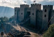 Fortaleza medieval de pedra cercada por muralhas, torres e máquinas de cerco durante uma batalha estratégica