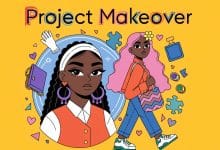 Arte de capa de Project Makeover mostrando uma personagem em transformação com opções de moda, maquiagem e elementos de quebra-cabeça coloridos