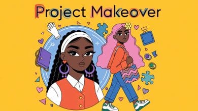 Arte de capa de Project Makeover mostrando uma personagem em transformação com opções de moda, maquiagem e elementos de quebra-cabeça coloridos